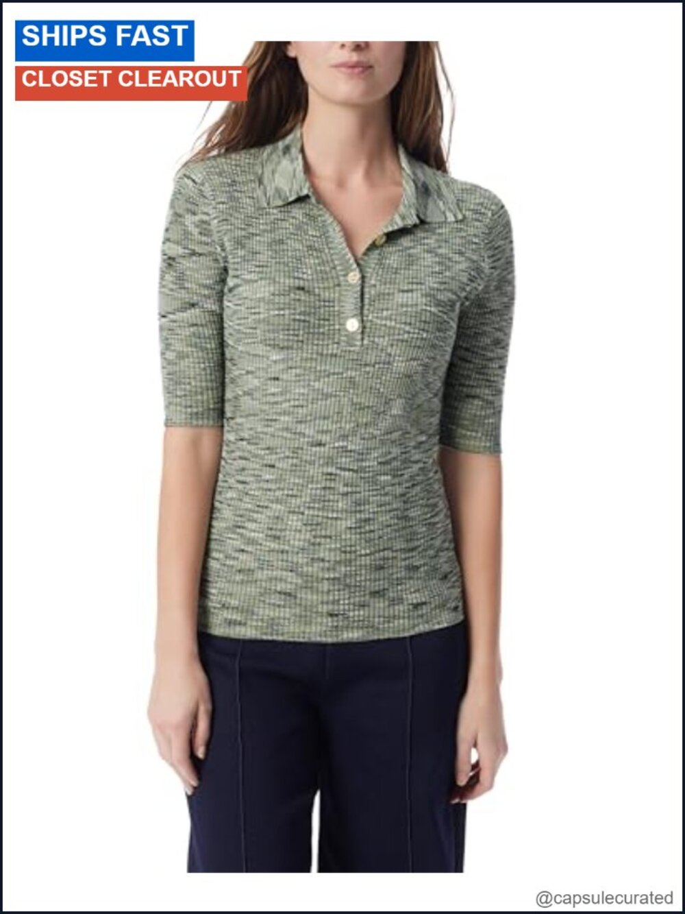 Ribbed Knit Polo Shirt Collared Half Sleeve Fitted Top Office to Play
